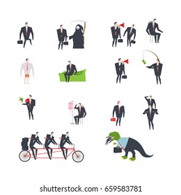 Office life set Corporate. Managers in workplace. Business situation. Boss and subordinate relationship. Working time. Tables and File Cabinet. Businessman at work. corporation structure