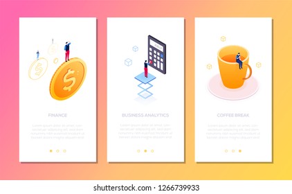 Office life - set of isometric vector vertical web banners with copy space for text. Images with businessman standing on a dollar coin, calculator, big cup. Finance, analytics, coffee break themes