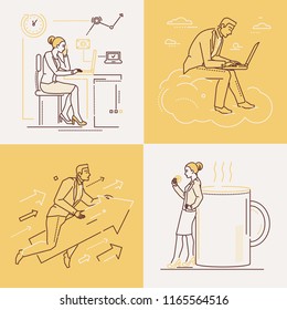 Office life - set of line design style illustrations on white and yellow background. Four images of confident woman and man. Coffee break, ambition, working with laptop, time management themes