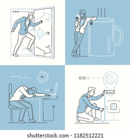Office life - set of line design style illustrations on white and blue background. Images of a smart businessman rushing through the door, tired at the laptop, on a coffee break, having a bright idea