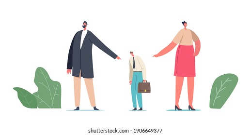 Office Life Situation with Scapegoat Business Man Character Under Pressure of Vile Colleagues Pointing with Finger. Bulling, Dirty Tricks, Sneaky Colleagues Concept. Cartoon People Vector Illustration