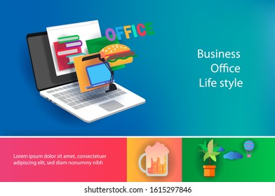 Office life style banner with icons and interface buttons. Vector banner