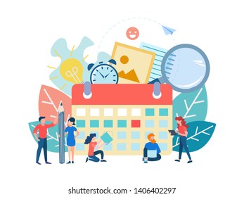 Office life, teamwork, deadline concept Vector illustration. Calendar with the indicated date and office supplies, speaker as a symbol of the need to make decisions and achieve results. 