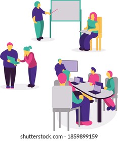 Office life and trainings - flat vector illustration set. Colleagues discussing a project, working conversation, presentation, training