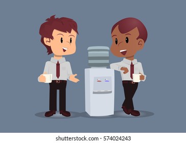 Office life: Two employees talking while drinking water