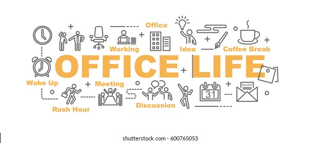 office life vector banner design concept, flat style with thin line art icons on white background
