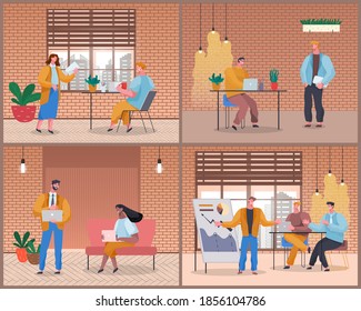 Vida de oficina, trabajadores discutiendo proyecto, inicio, trabajo con laptop, reunión de negocios, conferencia, colegas en el trabajo, gente discute momentos de trabajo, análisis gráficos, gráficos, ilustración de caricatura