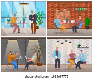 Office life, office workers discussing project, startup, coffee break, business meeting, conference, colleagues at work, guy talking with woman, people discuss work moments, cartoon illustration