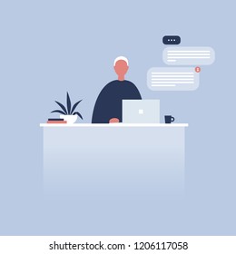 Office life. Young character sitting at the desk. Laptop. Pop up windows. Messenger. Flat editable vector illustration, clip art. Millennials at work.