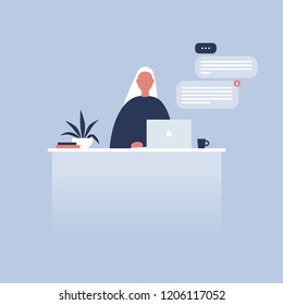 Office life. Young female character sitting at the desk. Laptop. Pop up windows. Messenger. Flat editable vector illustration, clip art. Millennials at work.