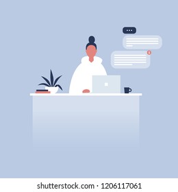 Office life. Young female character sitting at the desk. Laptop. Pop up windows. Messenger. Flat editable vector illustration, clip art. Millennials at work.