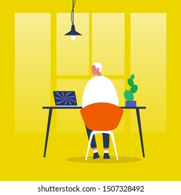 Office life. Young male character staring into monitor. Hypnotic pattern. Digital addiction. Modern millennial lifestyle. Flat editable vector illustration, clip art