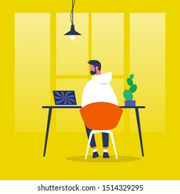 Office life. Young male character staring into monitor. Hypnotic pattern. Digital addiction. Modern millennial lifestyle. Flat editable vector illustration, clip art