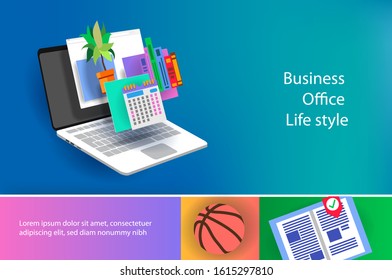 Office lifestyle banner with icons and laptop. Vector banner