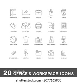 Office and line of business icons. Thin icon workspace and workspace arranged with editable stroke