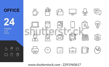Office Line Editable Icons set. Vector illustration in modern thin line style of business icons: work supplies, gadgets, folders, documents, and graphics. Pictograms and infographics for mobile apps.