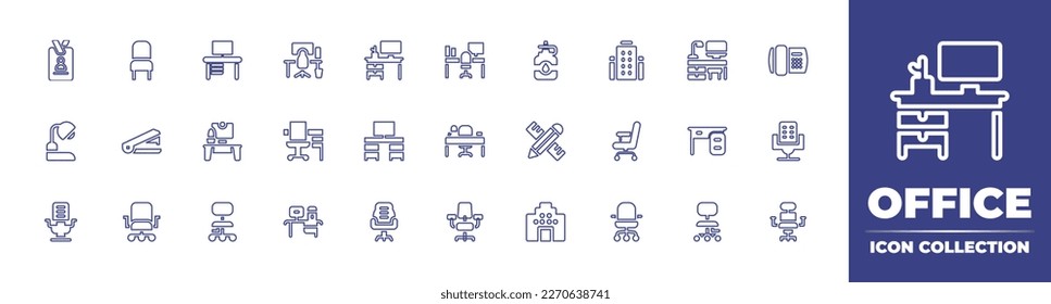 Colección de iconos de línea de Office. Trazo editable. Ilustración vectorial. Contiene tarjeta de identificación, silla, banco de trabajo, oficina, escritorio, pegamento, oficinas, lugar de trabajo, recepción, lámpara de escritorio, grapadora, espacio de trabajo, escritorio.