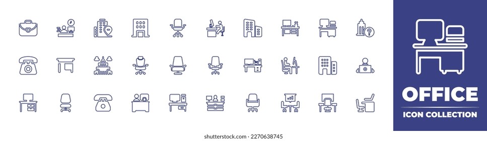 Office line icon collection. Editable stroke. Vector illustration. Containing briefcase, workspace, office building, office, chair, workplace, business and trade, desk, question mark, landline, table.