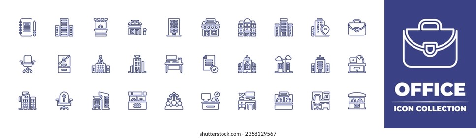 Office line icon collection. Editable stroke. Vector illustration. Containing office building, briefcase, chair, desk, corporate, office, workplace, ticket office, block, agency, monitor.