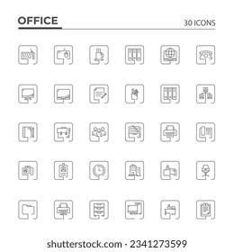 Office line icon collection. Thin outline icons on  rectangle set. Editable stroke