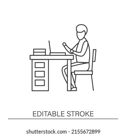  Office line icon. Man at office. Comfortable workplace with desk and computer. Freelance. Modern profession. Career concept. Isolated vector illustration. Editable stroke