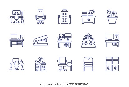 Office line icon set. Editable stroke. Vector illustration. Containing office, office chair, offices, overload, organizer, desk, stapler, workspace, benefits, office desk, chair, archive.
