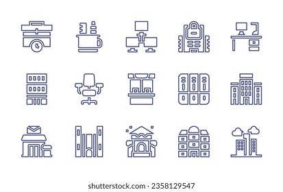 Conjunto de iconos de línea de Office. Trazo editable. Ilustración vectorial. Conteniendo oficina, oficina de correos, mesa, boleto, tarjeta de identificación, marca, ayuntamiento, edificio.