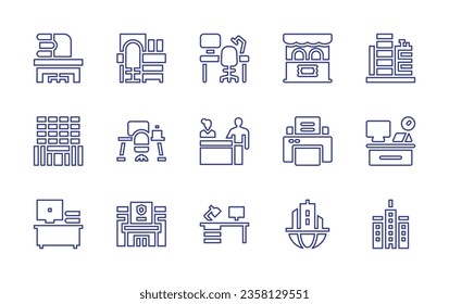 Symbol für die Office-Linie gesetzt. Bearbeitbarer Strich. Vektorgrafik. Mit Leistungen, Schreibtisch, geteilt, Fahrkarte, Stuhl, Büro, Büro.