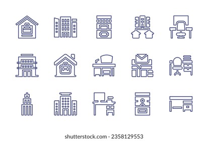 Symbol für die Office-Linie gesetzt. Bearbeitbarer Strich. Vektorgrafik. Mit Arbeit von zu Hause, Gebäude, Schreibtisch, Bürostuhl, Ticket, Nachrichtenbüro, Büro, Gebäude.