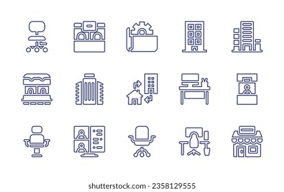 Office line icon set. Editable stroke. Vector illustration. Containing chair, briefcase, office, agency, armchair, videoconference, file, desk, table lamp.