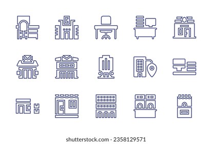 Conjunto de iconos de línea de Office. Trazo editable. Ilustración vectorial. Conteniendo lugar de trabajo, trabajo desde casa, edificio, espacio de trabajo, oficina, taquilla, oficina de correos, escritorio.