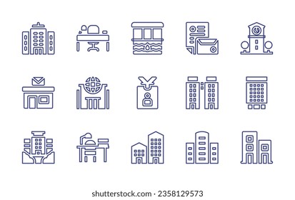 Office line icon set. Editable stroke. Vector illustration. Containing office, workplace, ticket office, factory, coworking, meeting room, photocopier, office material.