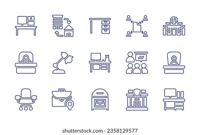 Conjunto de iconos de línea de Office. Trazo editable. Ilustración vectorial. Consta de oficina, empresa, coexistencia, edificio de oficinas, impresora, maletín, ayuntamiento.