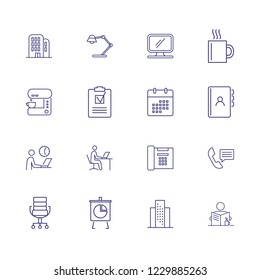 Office line icon set. Lamp, building, stationery. Desk job concept. Can be used for topics like work, workplace, schedule