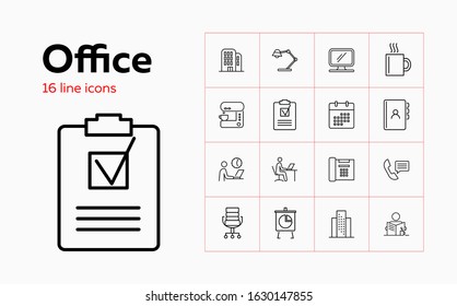 Office line icon set. Lamp, building, stationery. Desk job concept. Can be used for topics like work, workplace, schedule