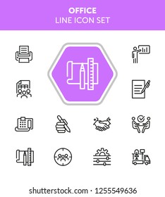 Office line icon set. Printer, presentation, supply. Business concept. Can be used for topics like office equipment, job, personnel management