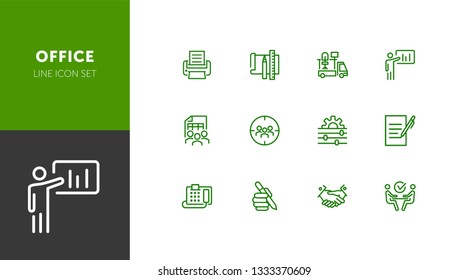 Office line icon set. Printer, presentation, supply. Business concept. Can be used for topics like office equipment, job, personnel management