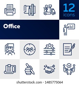 Office line icon set. Printer, presentation, supply. Business concept. Can be used for topics like office equipment, job, personnel management