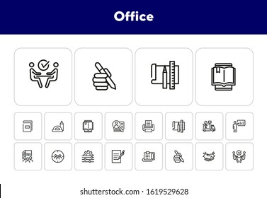 Office line icon set. Printer, presentation, supply. Business concept. Can be used for topics like office equipment, job, personnel management