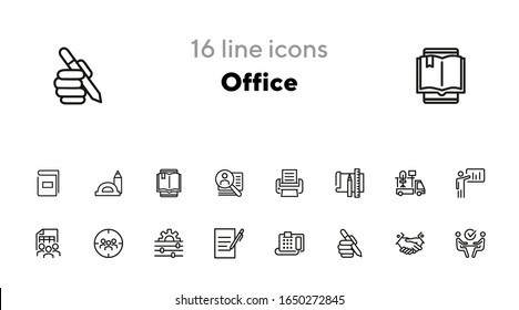 Office line icon set. Printer, presentation, supply. Business concept. Can be used for topics like office equipment, job, personnel management