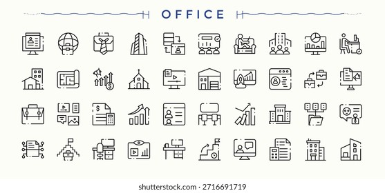 Conjunto de iconos de línea de Office. Paquete de iconos de contorno delgado. Píxel perfecto. Trazo editable. Conjunto de iconos de escritorio. Contiene iconos como trabajo, espacio de trabajo, trabajo en equipo, equipo, trabajo, reuniones y más.