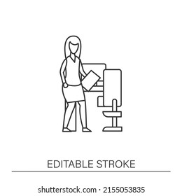 Office line icon. Woman at office. Comfortable workplace with desk and computer. Modern profession. Career concept. Isolated vector illustration. Editable stroke