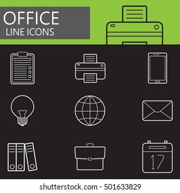 Office line icons set, outline vector symbol collection, linear pictogram pack isolated on black, logo illustration