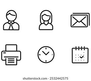 Conjunto de iconos de línea de oficina. Ilustración vectorial en estilo de línea delgada de iconos de negocios: suministros de trabajo, gadgets, carpetas, documentos y gráficos. Pictogramas e infografías para App móviles