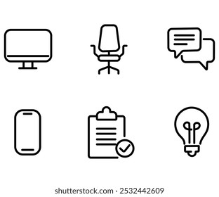 Conjunto de iconos de línea de oficina. Ilustración vectorial en estilo de línea delgada de iconos de negocios: suministros de trabajo, gadgets, carpetas, documentos y gráficos. Pictogramas e infografías para App móviles