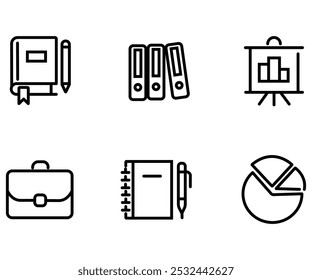 Conjunto de iconos de línea de oficina. Ilustración vectorial en estilo de línea delgada de iconos de negocios: suministros de trabajo, gadgets, carpetas, documentos y gráficos. Pictogramas e infografías para App móviles