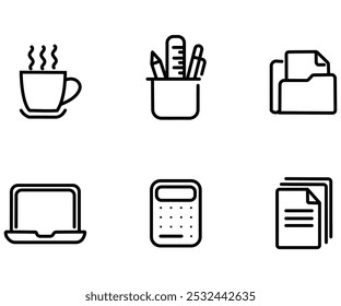 Conjunto de iconos de línea de oficina. Ilustración vectorial en estilo de línea delgada de iconos de negocios: suministros de trabajo, gadgets, carpetas, documentos y gráficos. Pictogramas e infografías para App móviles