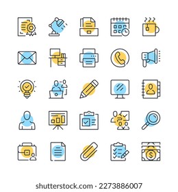 Office line icons. Set of office work icons. Black, blue and yellow colors. Modern outline graphic design. Vector line icons set