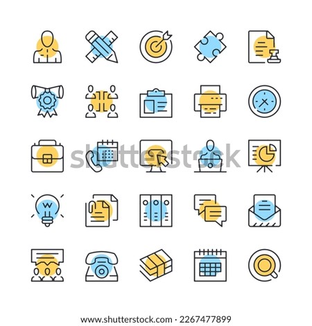 Office line icons. Set of office work icons. Black, blue and yellow colors. Modern outline graphic design. Vector line icons set