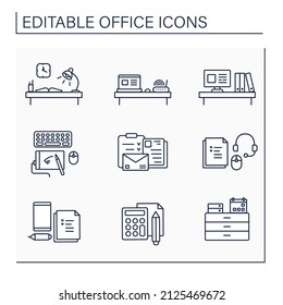 Office line icons set. Workplace with devices. Work atmosphere. Laptop, keyboard, headset. Work concept. Isolated vector illustrations. Editable stroke